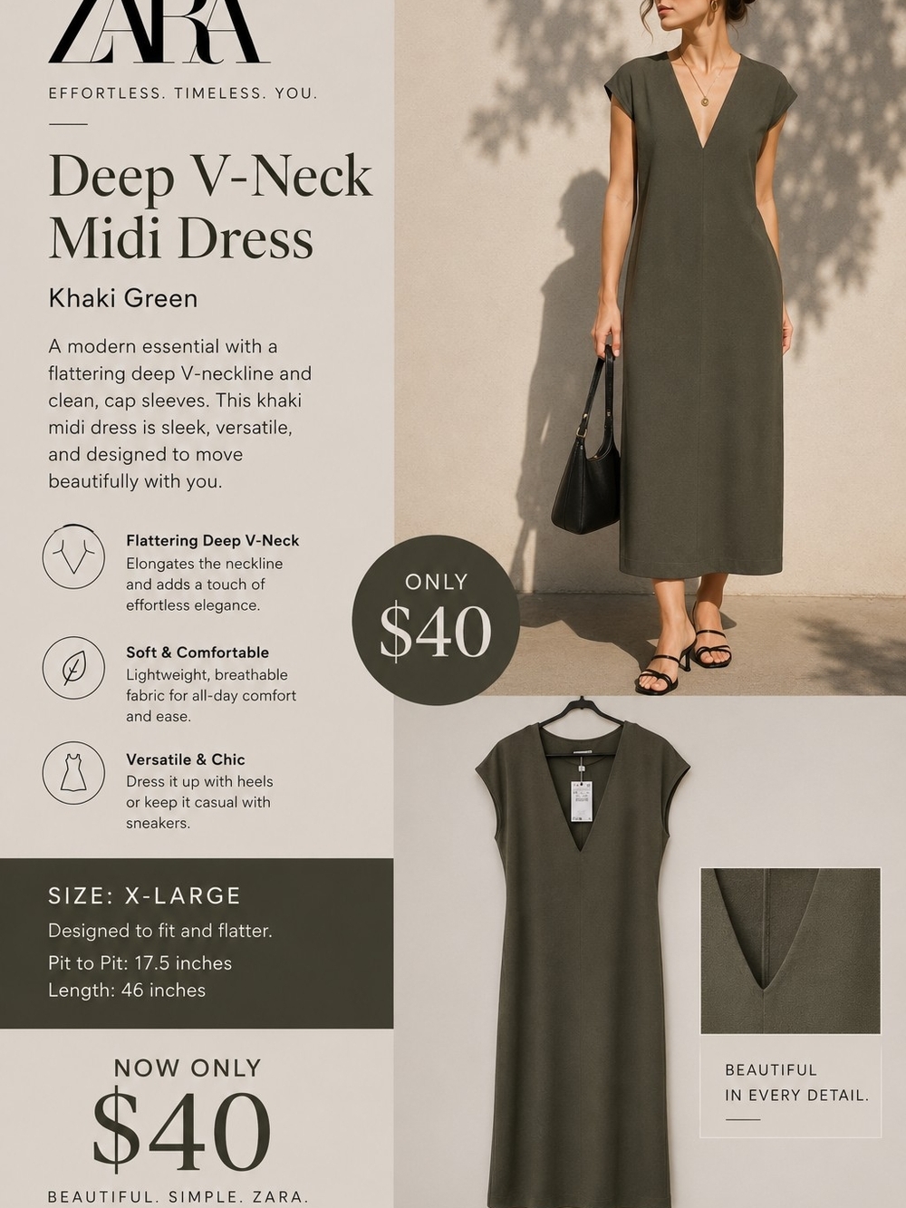 Zara Olive Khaki Deep V-Neck Midi Dress